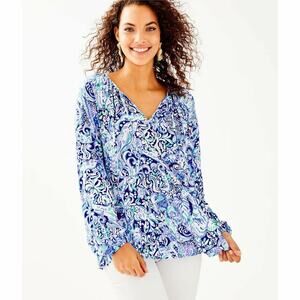 Lilly Pulitzer Womens Blue White Graphic Willa Blouse Top Small